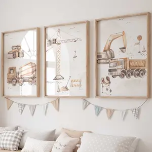 Wall Picture Set of 3 Posters / Construction Site Truck Crane Excavator / Children's Room Decoration Wall Pictures Pictures, Room Decor, Unframed