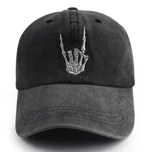 Halloween Hats for Men Women, Skeleton Hands Hat, Skull Finger Baseball Cap, Adjustable Washed Distressed Denim Embroidered Cap, Funny Gifts for Dad Mom Grandpa Grandma Friends