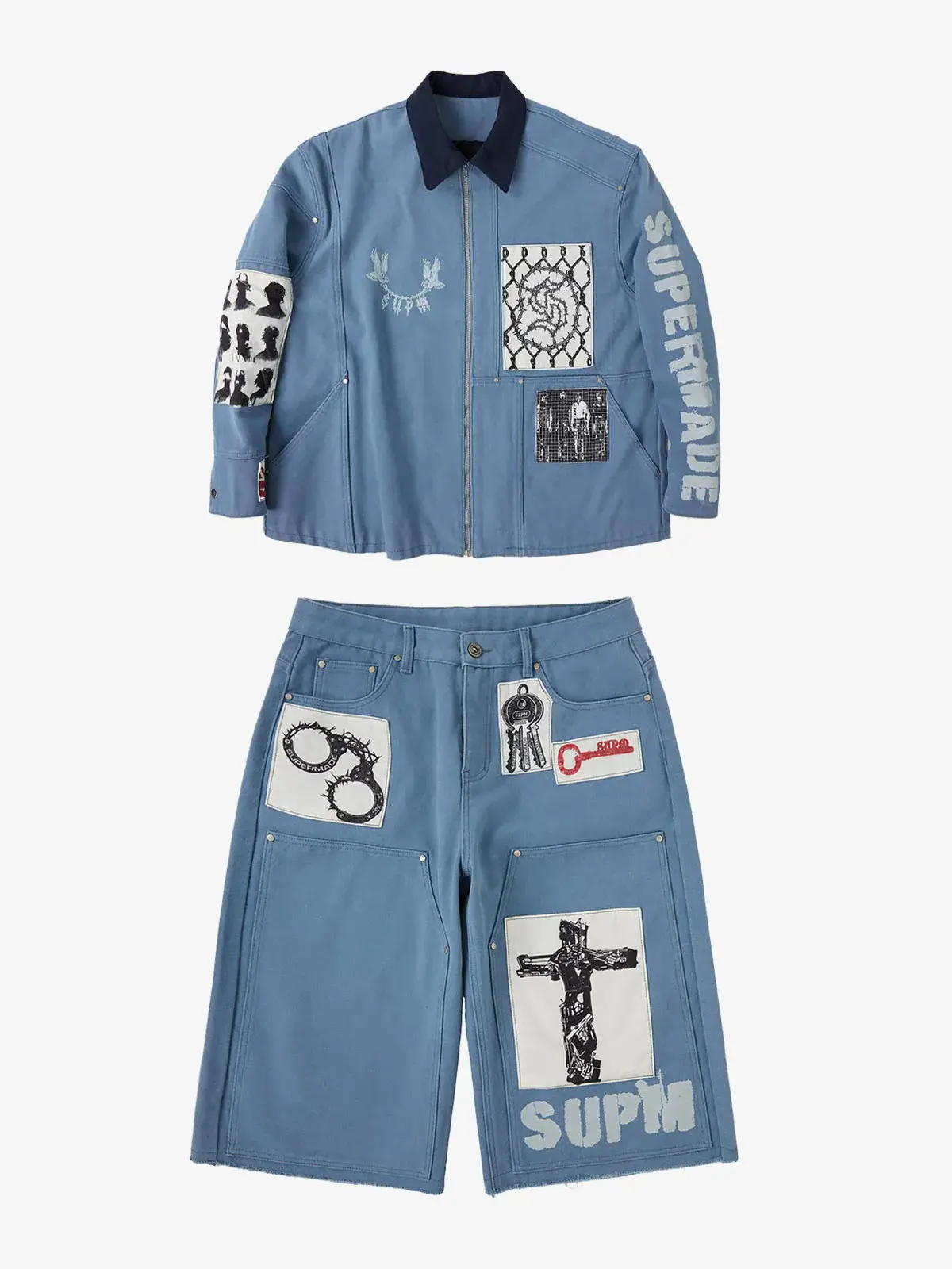 Thesupermade Multi-Element Appliqué Patchwork Denim Suit - 2593