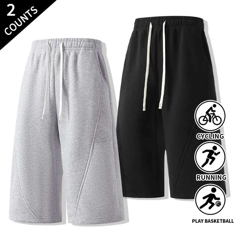 2-Pack Men’s Relaxed-Fit Knee-Length Athletic Shorts, Adjustable Drawstring Elastic Waist, 7-Inch Casual Shorts for Outdoor Running, Basketball, and Loungewear with Side Pockets