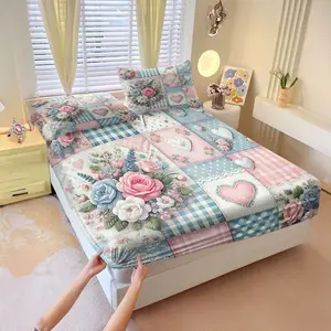 3Pcs Whimsical Patchwork Fitted Sheet Set, Soft Pastel Floral and Lace Design, Charming Gingham and Polka Dot Bedding, Perfect for Shabby-Chic Bedroom Decor, Cozy and Romantic Vibe. Includes 2 Pillowcases, No Pillow Core