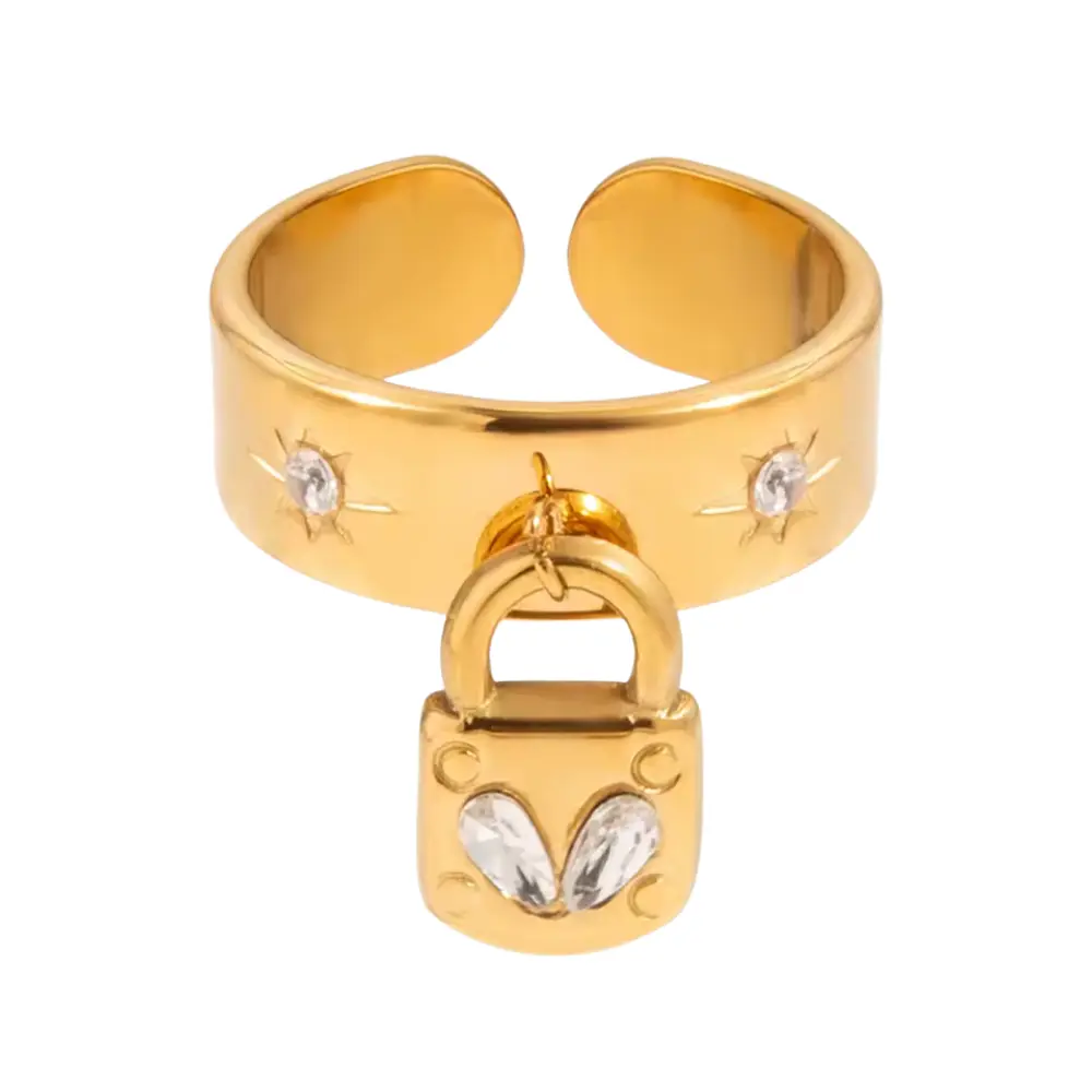 Crystal Dangling Lock Adjustable Ring - 18K Gold Plated Stainless Steel