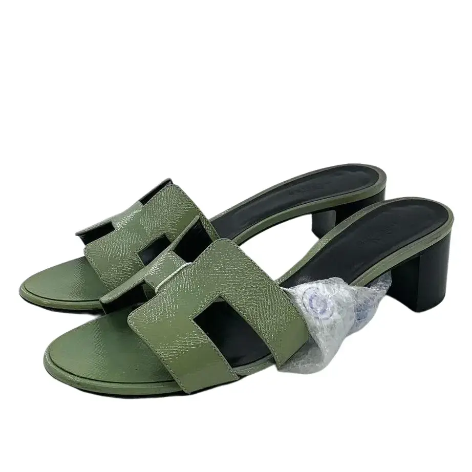 RDLT-Hermes Size 37 Oasis Green H Logo Patent Leather Block Heel Slide Sandals-X35677