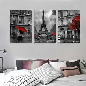 3-Piece Wrapped Wooden Frame Painting Set Modern Black and White Paris Eiffel Tower Canvas Art Landscape Wall Decoration for Living Room Bedroom Home Office Decorations and Accessories Gift Hanging UV-Resistant Artistic Print Ornaments