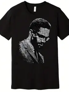 1 Piece, 100% Cotton, Malcolm X Black And White Portrait Pattern Printed T-Shirt, Spring And Summer Casual Men's T-Shirt, Round Neck Cotton Short-Sleeved T-Shirt, Thanksgiving Christmas Gift.