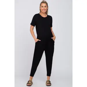 Black Basic Short Sleeve Maternity Jumpsuit