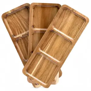 Wooden Snack Plate with Compartments, Durable Wood Serving Tray for Parties & Picnics, Kitchen Decorative Food Holder, Tableware