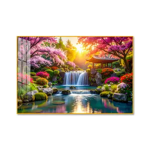 Crystal Porcelain Waterfall Scenery Wall Art with Rose Golden Aluminum Frame Luxury Home & Office Decor 24x36 inches Premium Porcelain High Definition Print