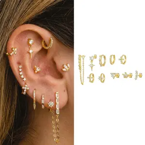 14K Gold Plated Earrings for Women Hypoallergenic - Surgical Stainless Steel Stud Hoop Earring Stacks Dainty Dangle Chain Cartilage Earring Sets for Multiple Piercing Trendy Jewelry