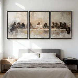 Textured Last Supper Canvas Print Framed Religious Wall Art for Neutral Home Aesthetic Deconstructed Last Supper Wall Decor Minimalist Christian Painting for Dining Room Prayer Space Timeless Last Supper 3-Panel Art Serene Religious Wall Decor for Conte