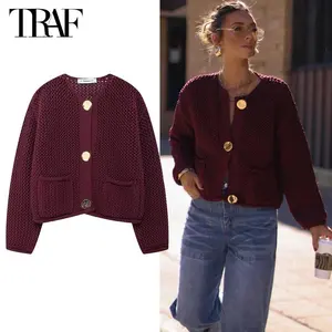 TRAF 2025 Knitted Cropped Cardigans Women Autumn Knitwears Short Sweaters for Women Button Women's Sweater Long Sleeve Cardigan