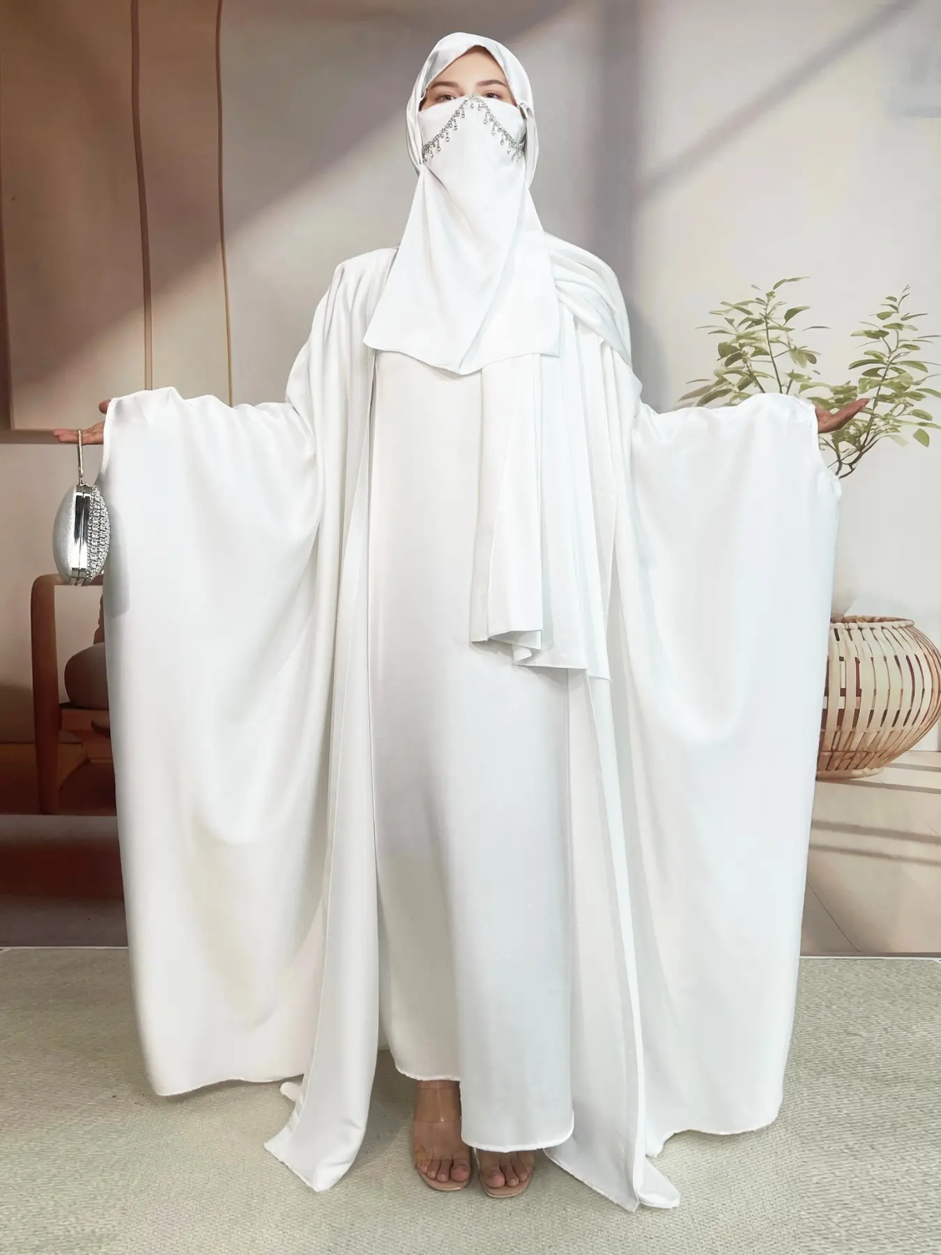5-Piece Set Butterfly Abaya With Niqab, Loose Full Cover Satin Abaya, Islamic Abaya, Abaya Dress Set, Abaya Hijab Set, Modest Muslim Outfits, Loose Abayas, Modesty