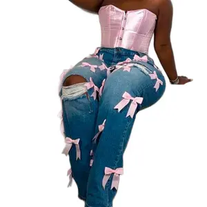 Women's Pink Bow Denim Jeans - Stylish Design with Pink Bow Accents, Comfortable Fit for Everyday Wear - Womenswear, Bottom Streetwear Trouser, Pants