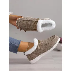 Women's Casual Slip on Fluffy Simple Sneakers, Warm Comfortable Round Toe Plush Winter Walking Shoes, Brown Female All-match Matching Indoor Footwear for Fall & Winter