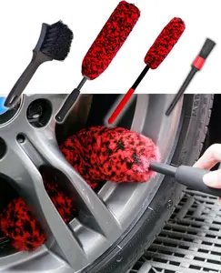 Pro 4 Pack Long Handle Wheel Brush Kit for Cleaning Wheel and Tire - 2 Ultra-Soft Synthetic Wool Brushes, Detailing Brush, Stiff Tire Brush, Bendable & Durable Rim Cleaner Set
