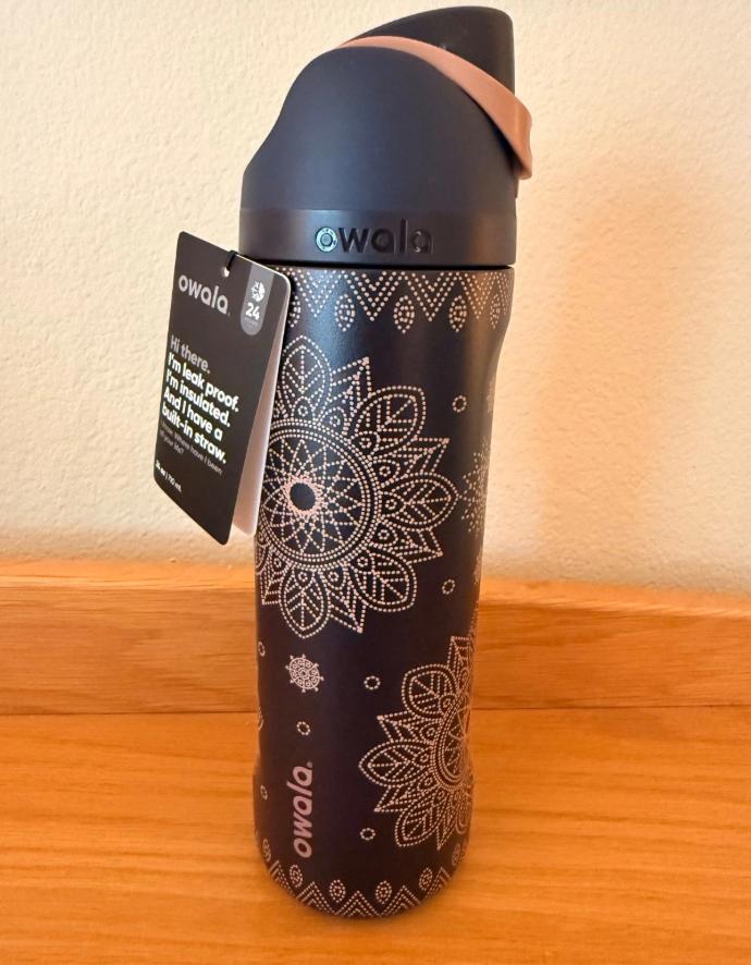 Owala 24oz Insulated Water Bottle, Leak Proof FreeSip Lid, Stainless Steel, BPA Free, Black Mandala Aesthetic, Travel Gym Bottle, Daily Use, Gift for Her, Gift for Him