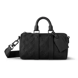 Louis Vuitton Keepall 25 Monogram-Embossed Leather Travel Bag for Men, Adjustable Detachable Strap, Black