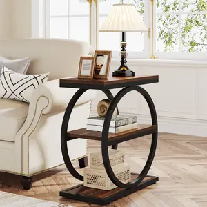 Spaco End Table,Narrow Table with 3 Storage Shelves,Wood Side Table with Black Metal Frames,Industrial Small Sofa Side Table for Living Room, Bedroom