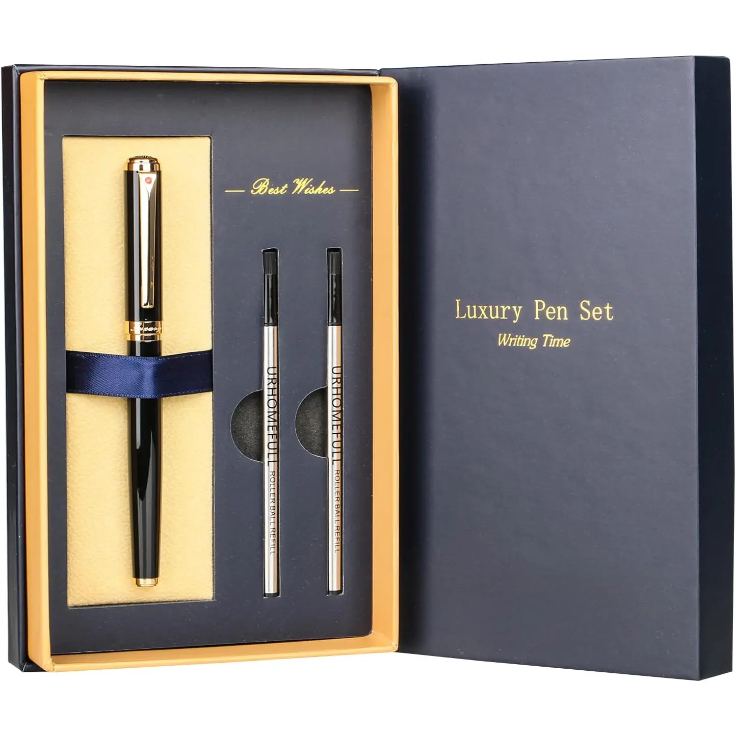 Stunning Luxury Rollerball Pen with 24K  Trim,Switzerland Tip with Black Ink Refills,  BallPonit Pen  Set for Men Women, Fancy Writing Set for Business,Gloss Black