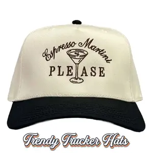 Espresso Martini Please Trucker Hat Brown Stitch Embroidered Trendy Adjustable Plastic Snap Closure One Size Fits Most