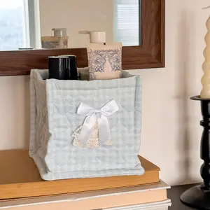 Bow stitched desktop storage box, small bear floral fabric storage basket, girly cosmetics organizer