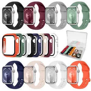 8 Pcs Silicone Bands + 8 Pcs PC Tempered Glass Case Set for Apple Watch s11/s10/s9/s8/s7/s6/s5/s4, Durable Waterproof Sweat-Resistant, Comfortable Fit, Anti-Shock Scratch-Proof(Watch not included) Smart Watch Straps, Protection