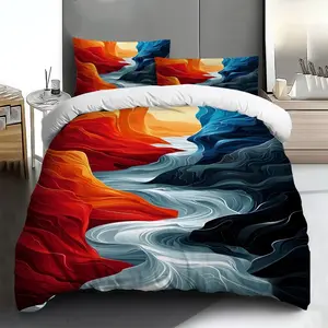 Bedding Set - 2PCS/3PCS 2D Flat Red, Black, Blue, and White Landscape Pattern Duvet Cover Set (1*Duvet Cover + 1/2*Pillowcases, without filling), Multi-color Printed Bedding Set, soft and comfortable, suitable for home bedrooms and guest rooms.