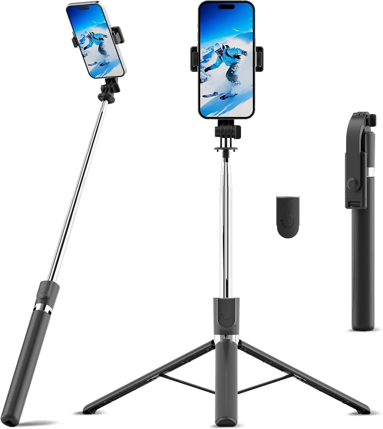 67" Extendable Selfie Stick Tripod with Wireless Remote, 360° Rotating Portable All-in-1 Travel Stand, Built-in Phone Grip Camera Support Extendable Tripod Selfie Accessories, Streaming Equipment Filming Setup for iOS/Android Silver Black Vlogging Kit