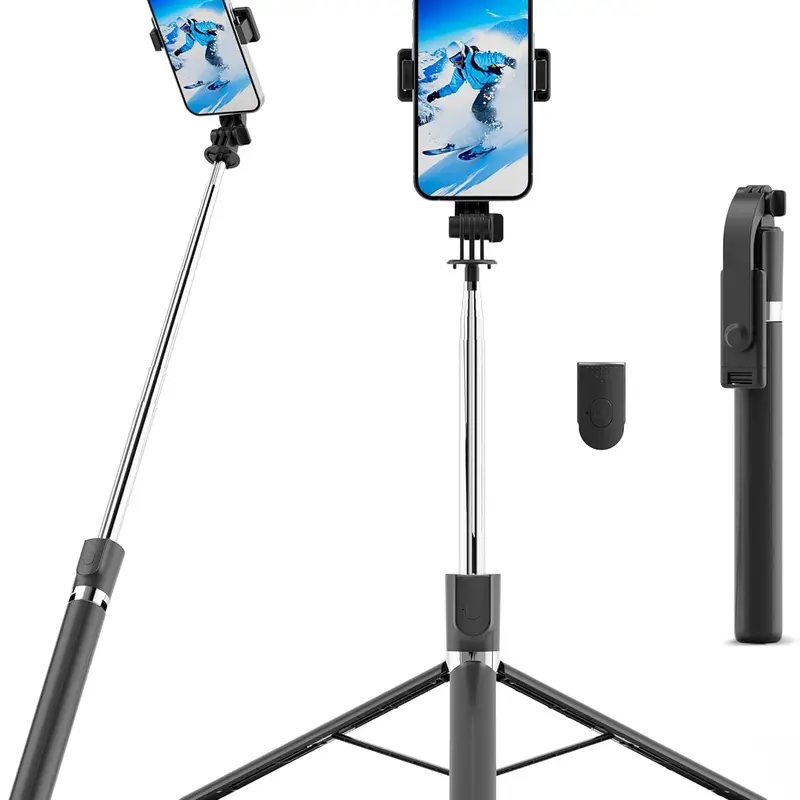 67" Adjustable Stainless Steel Selfie Stick Tripod with Bluetooth Remote Control, 360° Rotating All-in-1 Stand, Built-in Cellphone Grip, Silver Black Kit for iOS/Android Vlogging Equipment, Travel Cool Gadgets