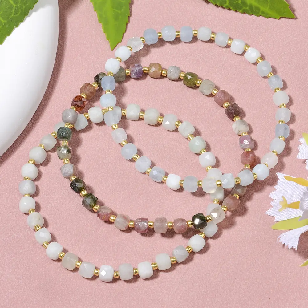 4mm Natural Stone Tourmaline Aquamarine Faceted Cube Beads and Seed Beads Stretchable Bracelet Casual Bracelet for Women Men