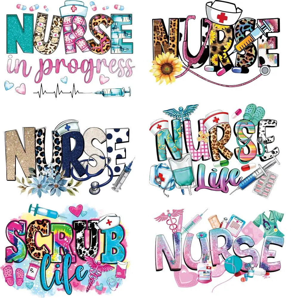 Nurse Letter Pattern Heat Transfer Sticker, 6 Counts/set DIY Handcraft Iron on Transfer Sticker, Sewing Decorative Sticker for Clothes Handmade Crafts, DIY Material, DIY Craft Supplies