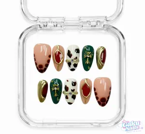 Gaku GOLDEN FABLE Glossy False Nails - 10-Piece Medium Almond Handmade Nail Tips Kit with Cow Print, Gold Accent, Bangle Design, Gilded Details, Builder Gel Formula