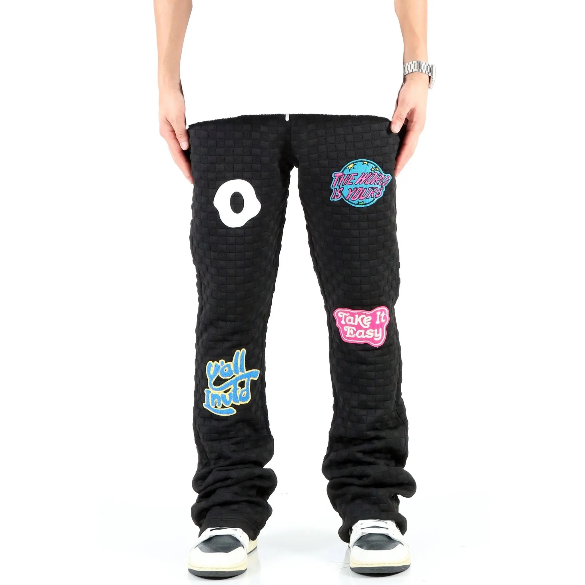 KUROI Waffle fleece graphic skinny flare stacked pants