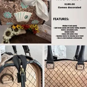 Med Handcrafted Floral Tooled Leather Handbag with Embroidered Playing Cards Design Durable Handle Speedy Medium Card Turquoise Flower