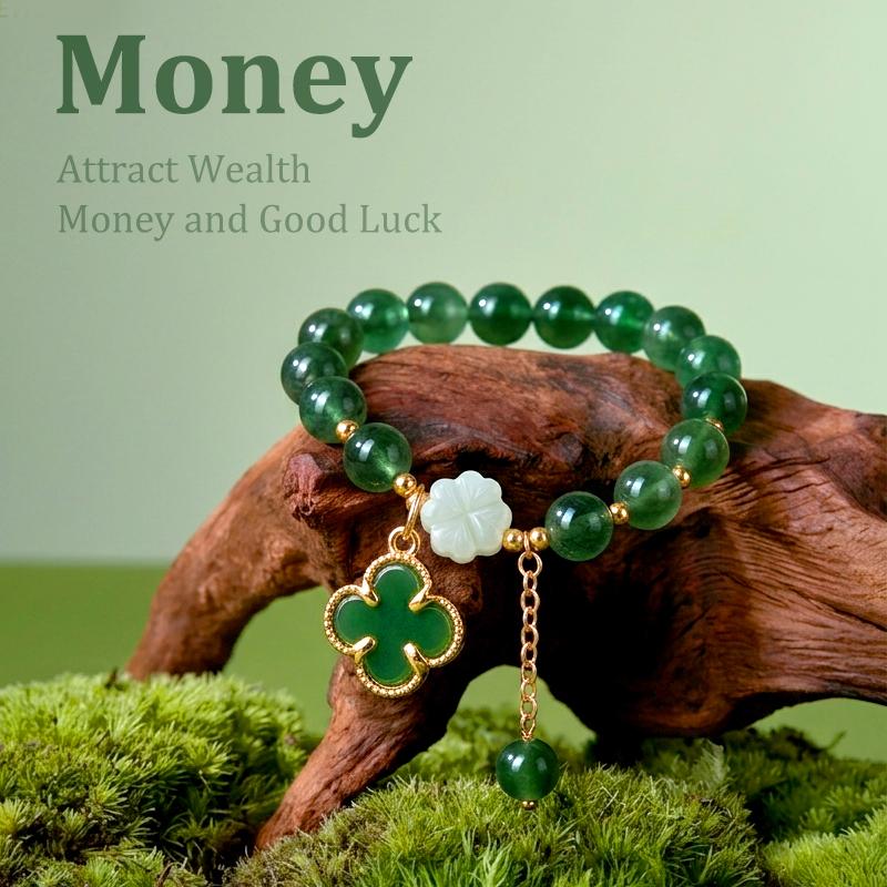 Green Agate Four-Leaf Clover Rhinestone Bead Bracelet | Lucky Bracelet—Attracts wealth and good fortune, bringing prosperity and abundance—the perfect gift for 2026!