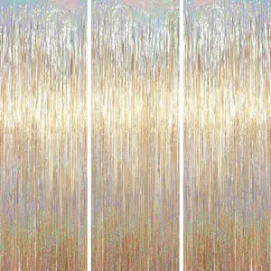 3.3 x 6.6 ft Champagne Foil Fringe Backdrop Curtains Tinsel Streamers for Parties & Celebrations