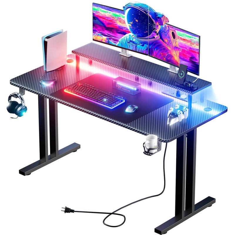 Ecofurnix,LED light game table & power socket, computer gaming desks & monitor stand, ergonomic carbon fiber game table, home office desk with cup holder, headphone hook and mouse pad, simple assembly
