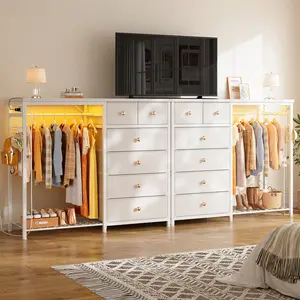 【All-in-one Storage Design】Raybee 6 Drawers Dresser with Hanging Rack, Fabric Storage Chest of Drawers with Clothes Rack&Hooks, Charging Station & LED Lights, Modern Storage Organizer with Wooden Top & Grid Panel for Bedroom, Living Room,Closet