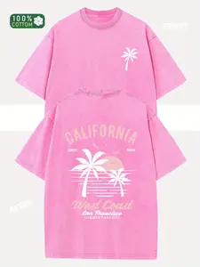 230g Washed Cotton California Pattern Double-Sided Retro Design Palm Tree and Surfboard Pattern Loose Fit Unisex Short Sleeve Top Summer Casual Beachwear Machine Washable Unisex Clothing
