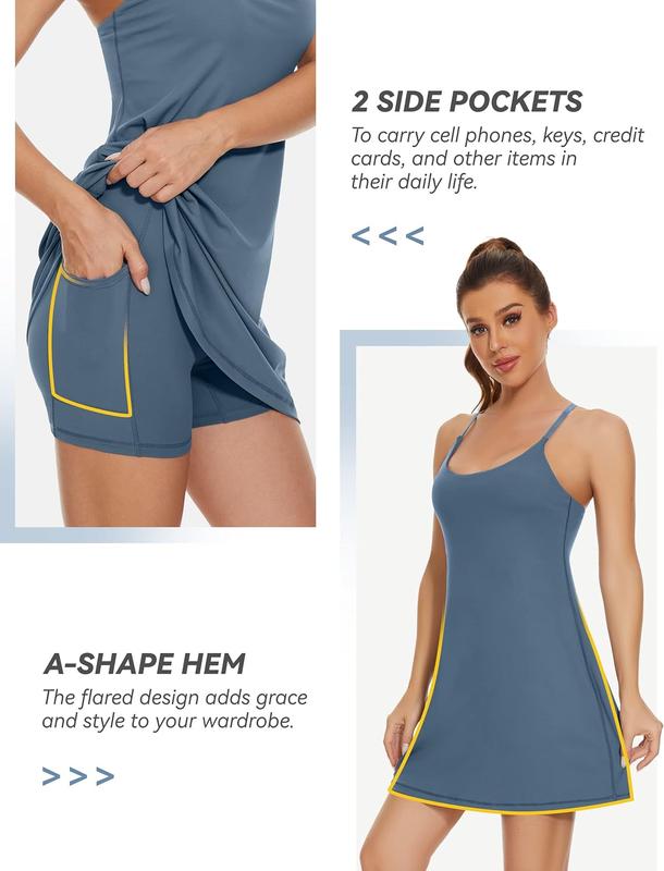 Womens Tennis Dress, 2-in-1 Golf Workout Dress with Built-in Bra & Shorts Pockets, Athletic Dresses with Adjustable Strap
