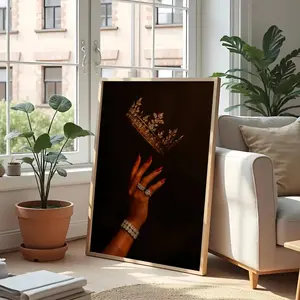 African American Queen Wall Art – Black Woman Crown Poster, Luxury Feminine Art Print, Regal Black Art, Diamond Jewelry Decor Poster (UNFRAMED)