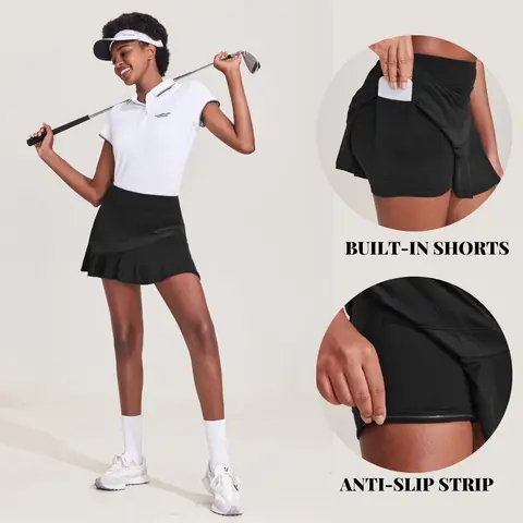 Ekouaer Women's Lightweight Quick-Dry Pleated Elastic Waist Above-The-Knee Sport Skort with Pockets - Skirt-with-Shorts, Sporty Chic, No Fuss for Golf, Hiking, Quick‑Dry Fabric