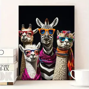 Wooden Framed Canvas Painting, Funny Zebra & Alpaca Pattern Wall Art, Modern Art Decoration, Living Room Bedroom Decoration, Office Mural, Ornaments