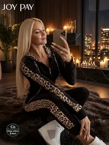 Two-Piece Set Women's Leopard Print Zip Up Hoodie & High Waist Pants Set, Womenswear Long Sleeve Drawstring Hooded Top & Skinny Trousers, Casual Fitted Summer Clothing Set for Outdoor Streetwear Lady