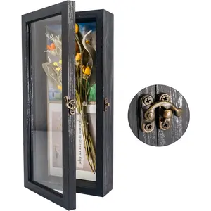 Shadow Box Frame 5x12.5 Display Case with Linen , Real Glass Window Door with Hinge, Picture Frame Wedding Bouquet Memorabilia Medals Photos Memory Box for Keepsakes, Rustic Black