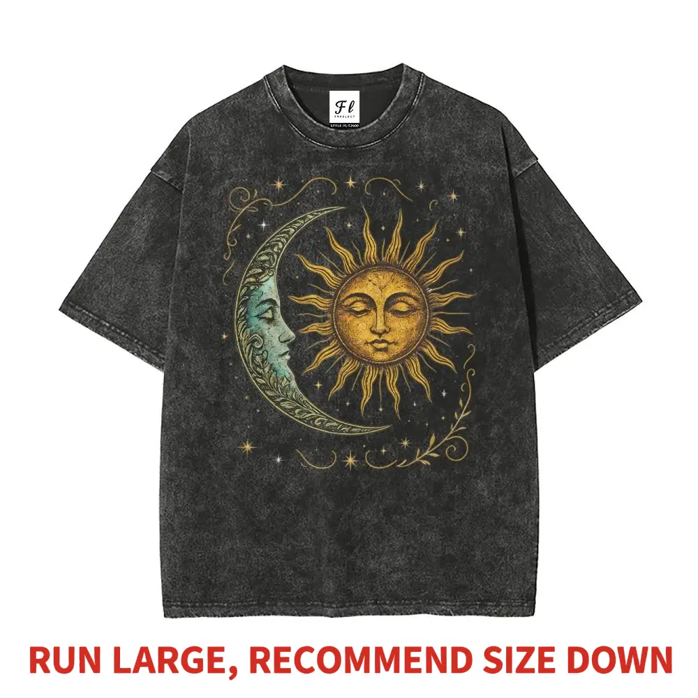 Sun and Moon Graphic T-Shirt for Women, Comfortable 100% Cotton Top with a Vintage Boho Celestial Style, Relaxed Fit Shortsleeve for the Beach, Casual, Round Neck, Tshirt