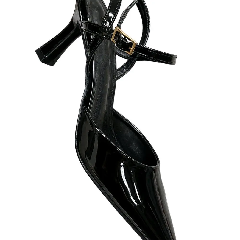 Heels for Women, Stylish Gold Patent Leather Kitten Sandals with an Adjustable Buckle Strap, Elegant Evening Formal Footwear, Adjustable Strap, Glossy Finish, Party Shoes