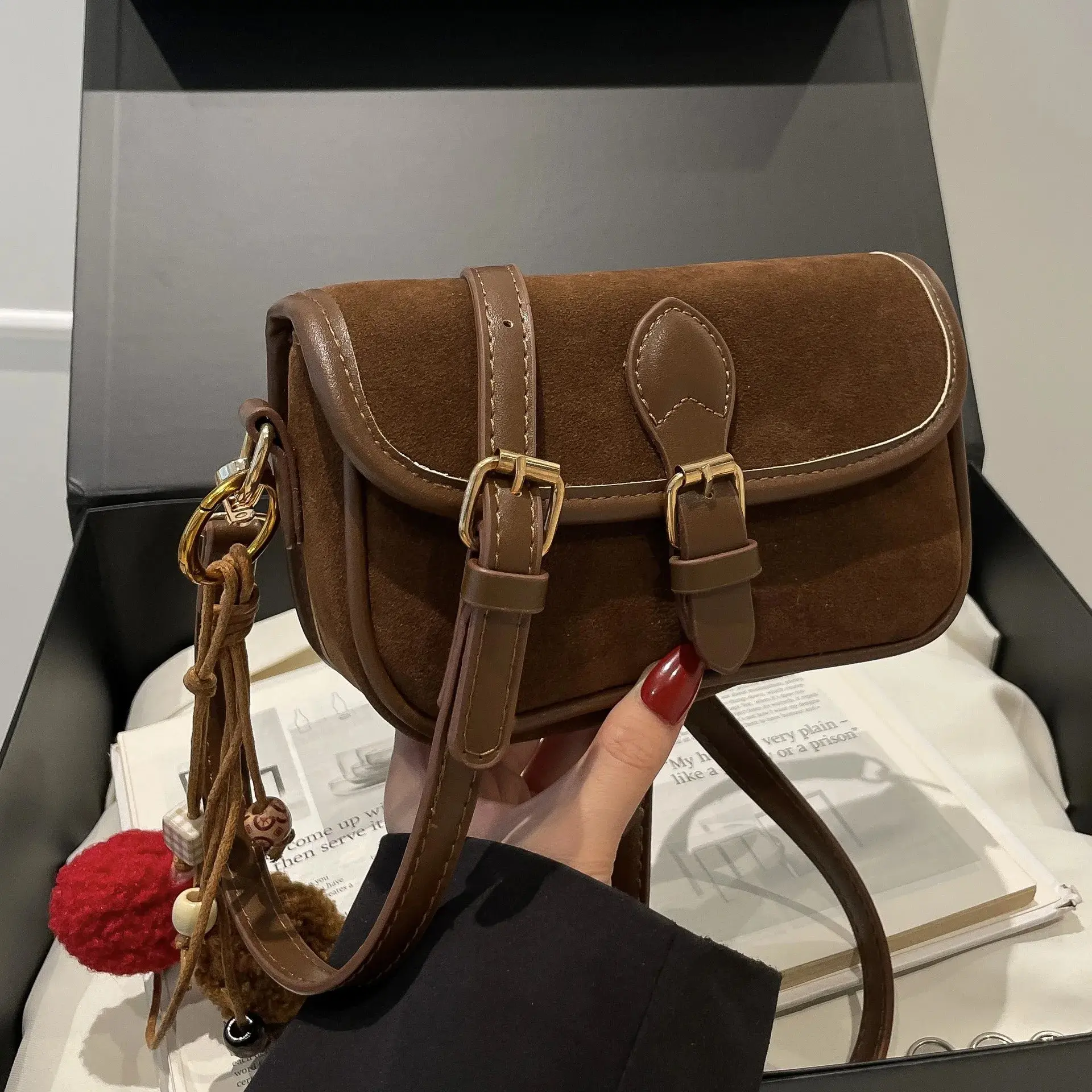 New Vintage Soft Velvet Suede Leather Tote Bag Luxury Purses Handbags Shoulder Crossbody Bag Square Tote Bag for Women