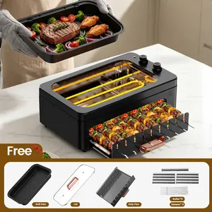1500W Portable Smokeless Indoor Electric Grill, 360° Auto-Rotating Hot Dog Roller & Kabob Skewers, Dual-Zone Grill/Universal Griddle, Precise Temp Control, Easy-Clean Removable Design,Dishwasher Safe,Multi-Function Cooking gift