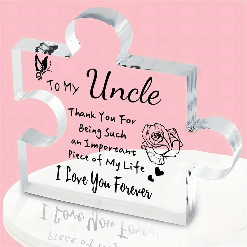 Acrylic Block Puzzle Design Ornaments, Letter Pattern Desktop Decoration, Creative Tabletop Adornment for Uncle Gifts, Home Office Decor, Novelty Desk Decor, Gift Ideas, Home Decor Products, Acrylic Plaque Decor, Home Decor Accessories